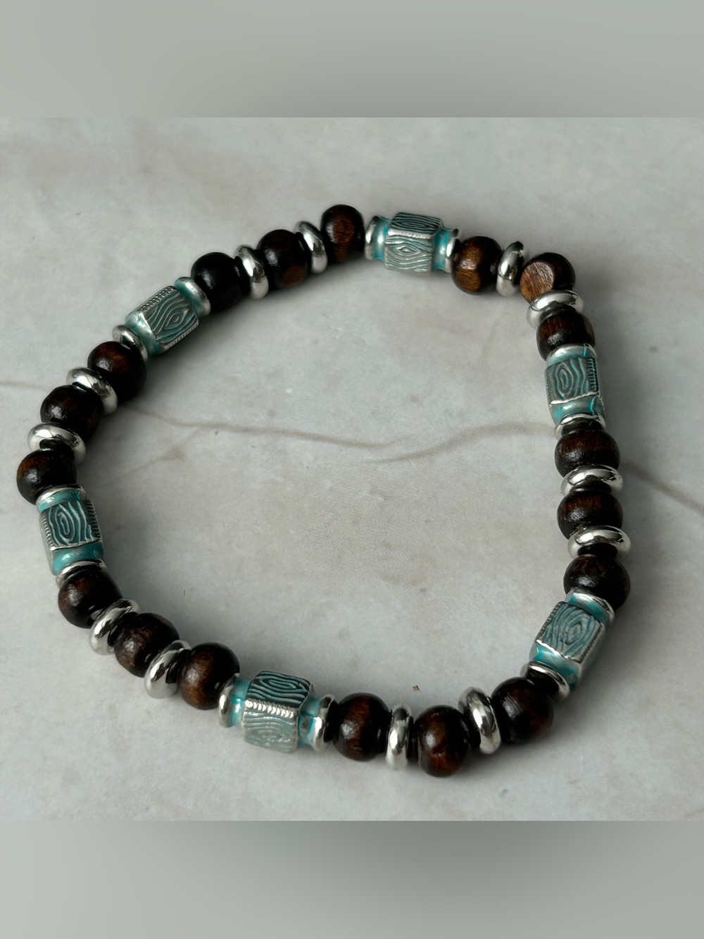 Turquoise Accent Wooden Bead Stretch Bracelet